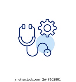 Stethoscope and cogwheel. Medical system settings, healthcare management, diagnostic tool configuration, clinical workflow control, patient monitoring setup. Pixel perfect, editable stroke vector icon