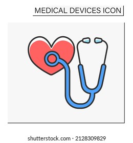 Stethoscope Color Icon. Medical Instrument For Listening To Heart Action Or Breathing. Two Tubes Connected To Earpieces.Medical Devices Concept. Isolated Vector Illustration