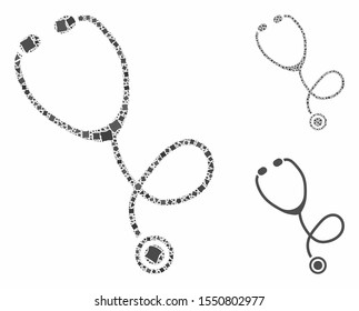 Stethoscope composition of irregular items in different sizes and color tones, based on stethoscope icon. Vector irregular dots are combined into composition.