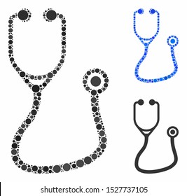 Stethoscope composition of small circles in variable sizes and shades, based on stethoscope icon. Vector small circles are united into blue mosaic. Dotted stethoscope icon in usual and blue versions.