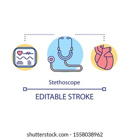 Stethoscope concept icon. Medical instrument. Therapeutic tool for listening heart, breathing. Cardiac diagnosis idea thin line illustration. Vector isolated outline drawing. Editable stroke