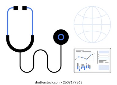 Stethoscope connected to a device displaying statistical data charts, global network sphere in the background. Ideal for medical technology, healthcare analytics, telemedicine, global health, data