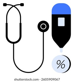 Stethoscope connected to glucometer above percentage symbol signifying medical analysis and healthcare assessment. Ideal for medical diagnostics, patient care, healthcare services, health education