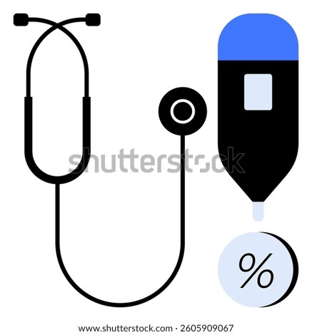Stethoscope connected to glucometer above percentage symbol signifying medical analysis and healthcare assessment. Ideal for medical diagnostics, patient care, healthcare services, health education