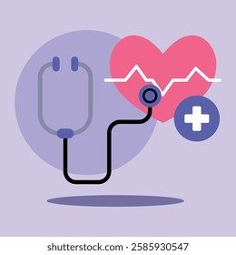 Stethoscope connected to heart graphic displaying ECG line, symbolizing health monitoring and medical assessment