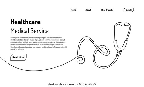 Stethoscope continuous line art drawing. Healthcare service landing page template.