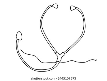 Stethoscope continuous line drawing. Line art of medical instrument drawing. Continuous one line drawing of a stethoscope.