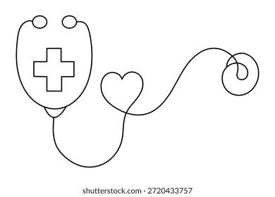 Dibujo de línea continua del estetoscopio con el corazón y los símbolos cruzados médicos