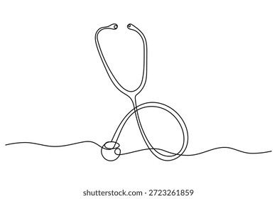 Estetoscópio contínuo uma linha desenhando conceito de equipamento médico minimalista em fundo branco