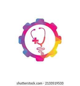 Stethoscope cross gear shape logo design. Medical health vector health logo with cross and stethoscope icon symbol.