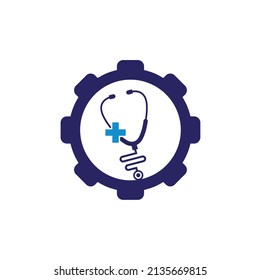 Stethoscope cross gear shape logo design. Medical health vector health logo with cross and stethoscope icon symbol.
