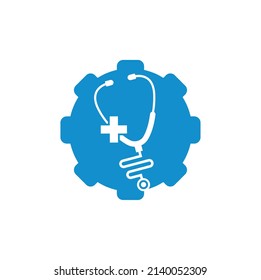 Stethoscope cross gear shape logo design. Medical health vector health logo with cross and stethoscope icon symbol.