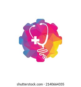 Diseño del logotipo de la forma de los engranajes transversales de estetioscopio. Logotipo de salud vectorial de salud médica con símbolo de icono cruzado y estetoscopio.