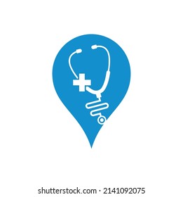 Diseño del logotipo de la forma de la cruz del estetioscopio. Logotipo de salud vectorial de salud médica con símbolo de icono cruzado y estetoscopio.