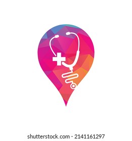 Stethoscope cross gps Form Logo Design. Medizinische Gesundheit Vektorgrafik-Logo mit Kreuz-und Stethoskop-Symbol.