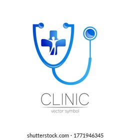 Stethoscope with cross and man vector logotype in blue color. Medical symbol for doctor, clinic, hospital and diagnostic. Sign health. Isolated