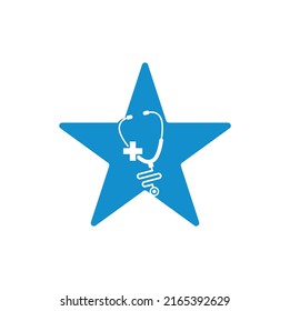 Stethoscope cross star shape logo design. Medical health vector health logo with cross and stethoscope icon symbol.