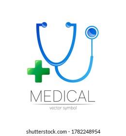 Estetioscopio con logotipo vectorial cruzado en color azul y verde. Símbolo médico para médico, clínica, hospital y diagnóstico. Concepto moderno para logotipo o estilo de identidad. Salud de signos. Sobre fondo blanco.