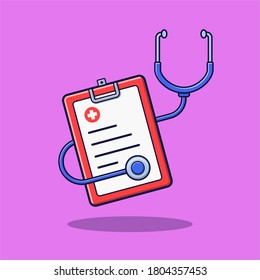 Stethoscope and diagnosis document flat style cartoon illustration. The healthcare concept icon isolated. Diagnosis, analysis, equipment, doctor, treatment, and checkup.