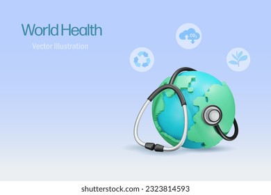 Stethoscope diagnosis world health for sustainable environment. Save the planet, world environment day and earth day concept. 3D vector.