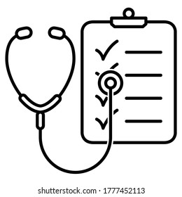 Stethoscope with document icon in modern outline style design. Vector illustration isolated on white background.