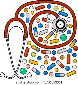 Stethoscope  Drugs and Pills medical 
In the shape of the Medical seal Vector illustration 