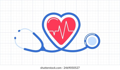 Stethoscope, Electrocardiogram, Cardiology concept. ECG, line drawing heart pulse. Heartbeat, cardiogram, wave signal. healthcare, medical background. Electrocardiograph. Health.