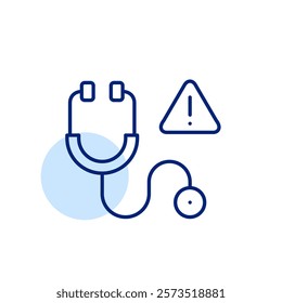 Stethoscope and exclamation mark in triangle. High-priority health or security concern in healthcare. Pixel perfect, editable stroke icon