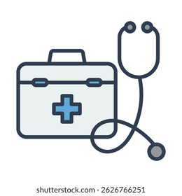 Stethoscope and first aid kit flat icon, representing medical care, healthcare services, emergency treatment, and clinical diagnostics