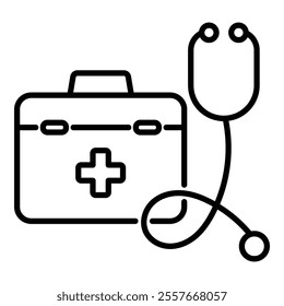 Stethoscope and first aid kit round line vector icon with editable stroke, representing medical care, healthcare services, emergency treatment, and clinical diagnostics