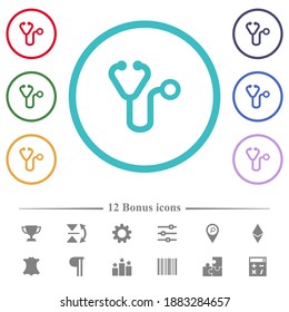 Stethoscope flat color icons in circle shape outlines. 12 bonus icons included.