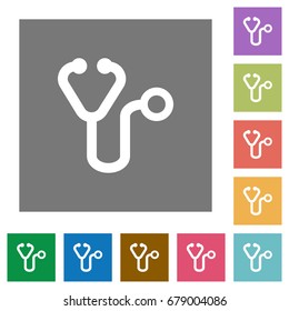 Stethoscope flat icons on simple color square backgrounds