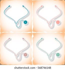 Stethoscope. Flat sticker with shadow on old paper. Vector illustration