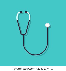 Stethoscope flat vector icon symbol design on blue background with shadow. Medical equipment. Nurse, doctors, medical help and support.