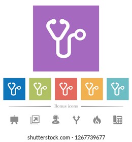 Stethoscope flat white icons in square backgrounds. 6 bonus icons included.
