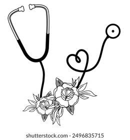 Estetoscopio y Ilustración vectorial floral. Estetoscopio Clipart floral 