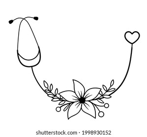 Stethoscope with flowers. Nurse floral tool. A sign or symbol for clinic logo. Vector black illustration in outline style