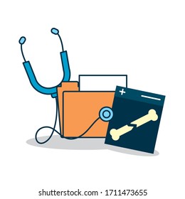 stethoscope, folder and xray icon over white background, colorful design, vector illustration