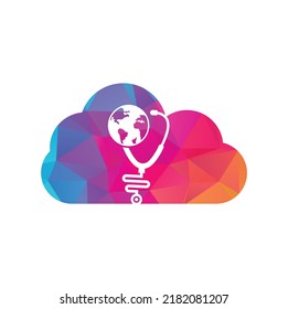 Stethoscope globe cloud shape concept logo design vector. World Medical Logo Template Design.