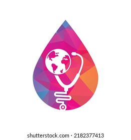 Stethoscope globe drop shape concept logo design vector. World Medical Logo Template Design.