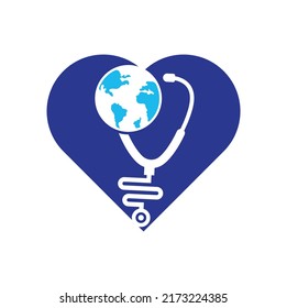 Estetioscopio globo de forma de corazón vector de diseño del logo. Diseño de plantillas de logotipo médico mundial.