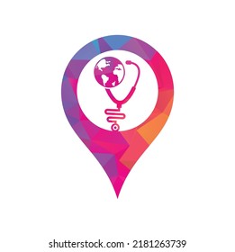 Stethoscope globe map pin shape concept logo design vector. World Medical Logo Template Design.