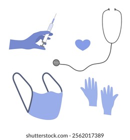 Stethoscope, gloves, mask, hand with syringes and heart symbol on white background