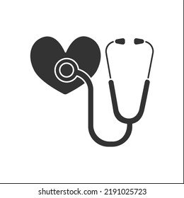 Stethoscope glyph icon.Medical instrument for listening to heart action or breathing. Two tubes connected to earpieces.Medical devices concept.Filled flat sign. Isolated silhouette vector