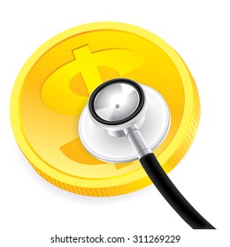 stethoscope and gold coins