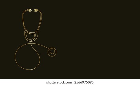 Stethoscope. Gold. Medical tool. Line art. Vector Illustration. Medical and Healthcare Design. Outline Drawing. Continuous line drawing. Symbol medicine. Isolated on black background. Copy space. 
