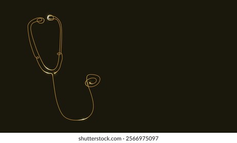 Stethoscope. Gold. Medical tool. Line art. Vector Illustration. Medical and Healthcare Design. Outline Drawing. Continuous line drawing. Symbol medicine. Isolated on black background. Copy space. 
