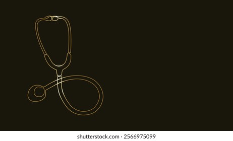 Stethoscope. Gold. Medical tool. Line art. Vector Illustration. Medical and Healthcare Design. Outline Drawing. Continuous line drawing. Symbol medicine. Isolated on black background. Copy space. 
