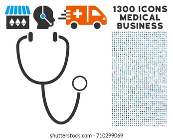 Stethoscope grey vector icon with 1300 medicine commerce icons. Collection style is flat bicolor light blue and gray pictograms.