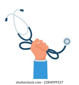 Stethoscope in hand. Concept healthcare. Medical diagnostics analysis. Doctor's hand with a research tool. Vector illustration flat design. Listen to the heartbeat.